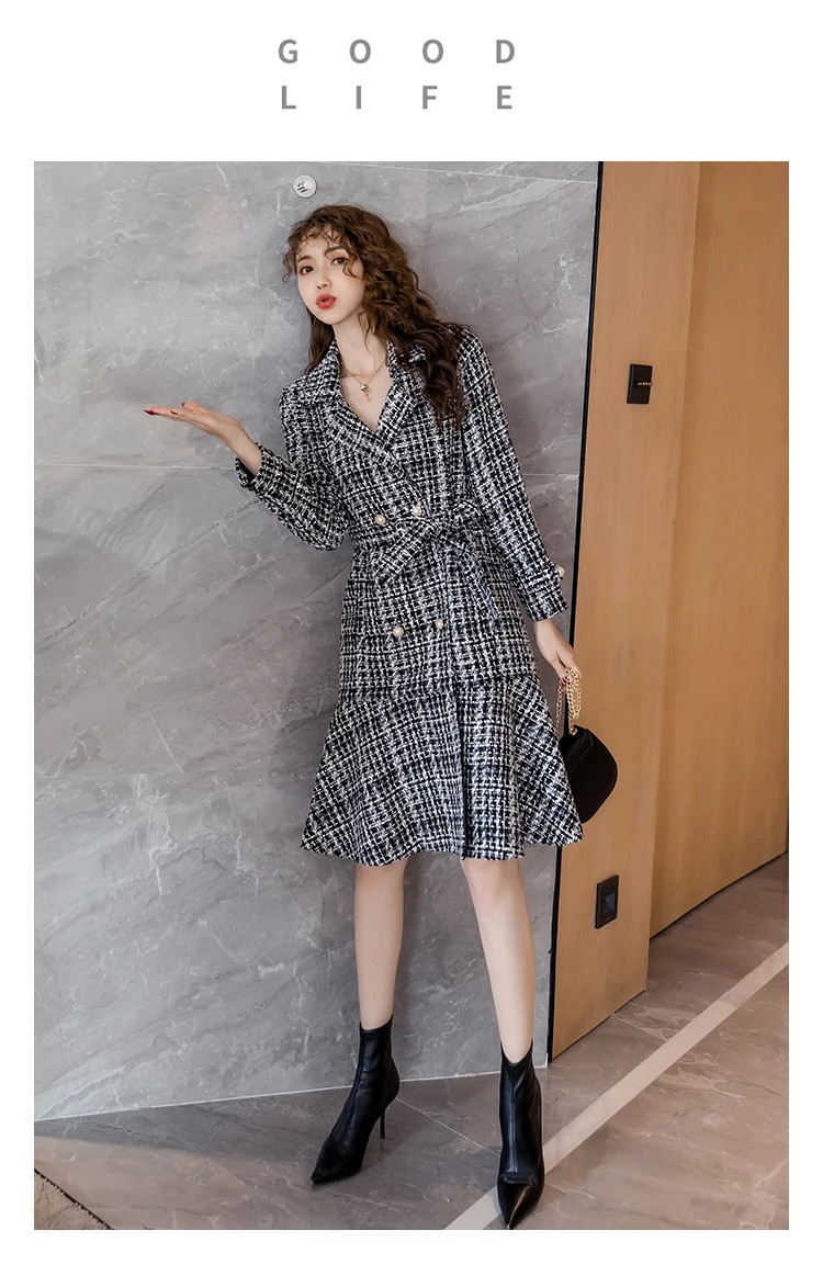 Autumn Winter Pink Plaid Tweed Wool Long Coat Women Notched Double Dreasted Sashes Ruffles Woolen Overcoat Mermaid Outerwear