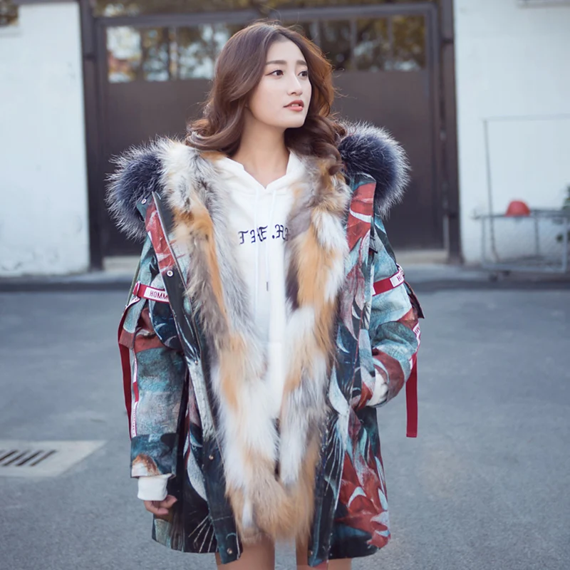 

The New Parker Coat thicken Fox Fur collar female winter warm hooded parkas Rex rabbit fur liner long print chic coats woman