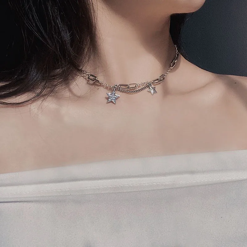 South Korea Fashion Personality Hip Hop Style Star Titanium Steel Necklace Gift Banquet Party WOMEN'S Jewelry 2021 |
