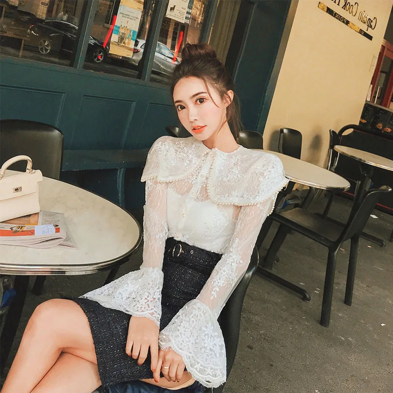 2020 Фирменная Новинка жемчуг Бисер отложным воротником кружевная рубашка с