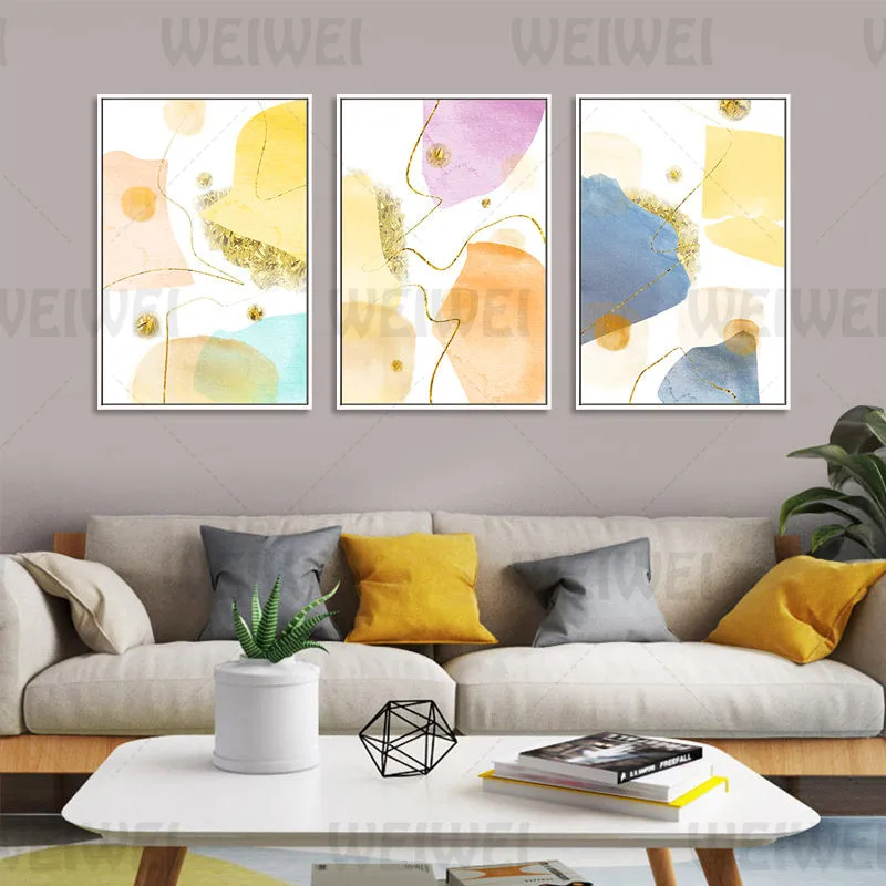 Абстрактная Асимметричная цветная живопись для украшения дома золотые линии