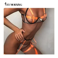 say morning women fashion two color stitching frenulum perspective hollowing out underwear thin sexy erotic lingerie bra set