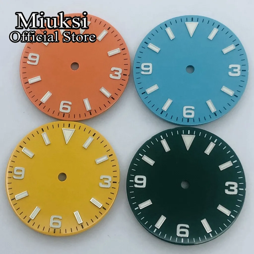 Miuksi 29mm black white green watch yellow orange dial luminous fit NH35 NH36 ETA2824 2836 Miyota 8215 821A DG2813 3804 movement