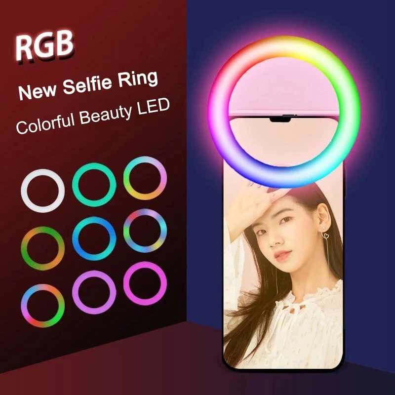 

Rechargable RGB LED Ring Mobile Phone Selfie Ring Flash Lens 3-level Brightness Fill Light Lamp Clip-on For Smartphone Light 3.3