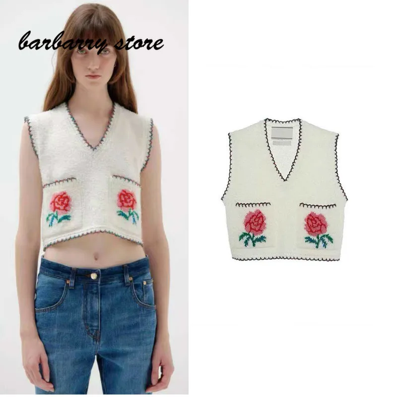

Женский вязаный Топ в стиле ретро, роскошный брендовый шерстяной жилет с цветочным принтом, свободный свитер без рукавов с V-образным вырезо...