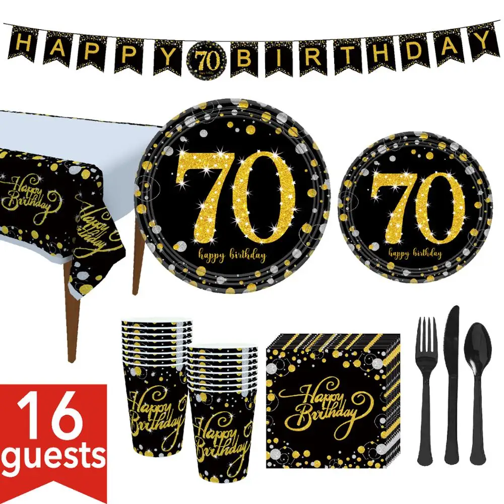 

127pcs/lot 16 people use cup Napkin tablecloth plate Black Gold Birthday Party Decoration Adult 70 30 Years Old Party Supplies