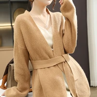 lazy style loose pure wool womens thick belted cardigan solid color v neck casual fashion jacket cashmere knitted %e2%80%98sweater%e2%80%99