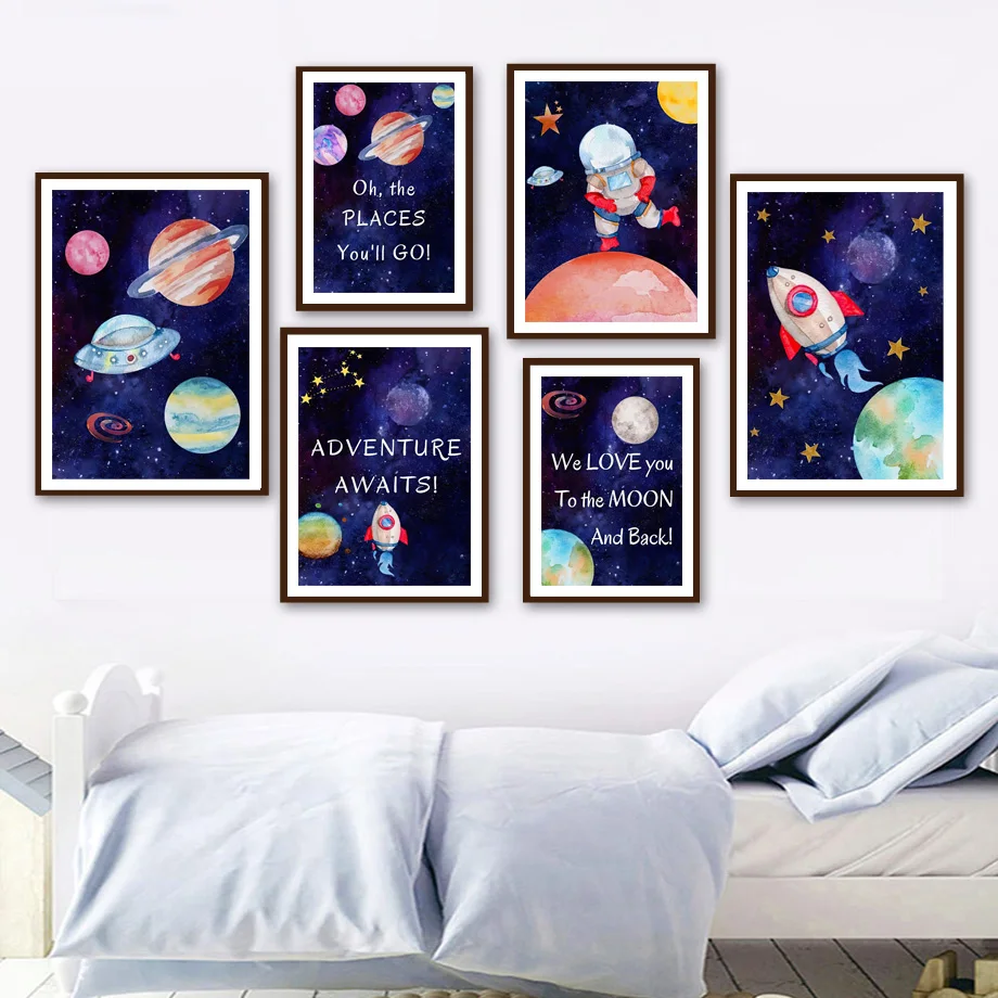 

Space Astronaut Rocket Planet UFO Quotes Nursery Wall Art Print Canvas Painting Nordic Poster Wall Pictures Baby Boy Room Decor