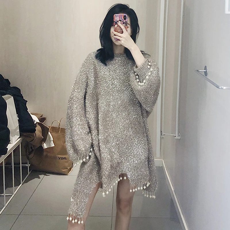 Женский Длинный пуловер с перламутровой бахромой толстый Толстый Пуловер