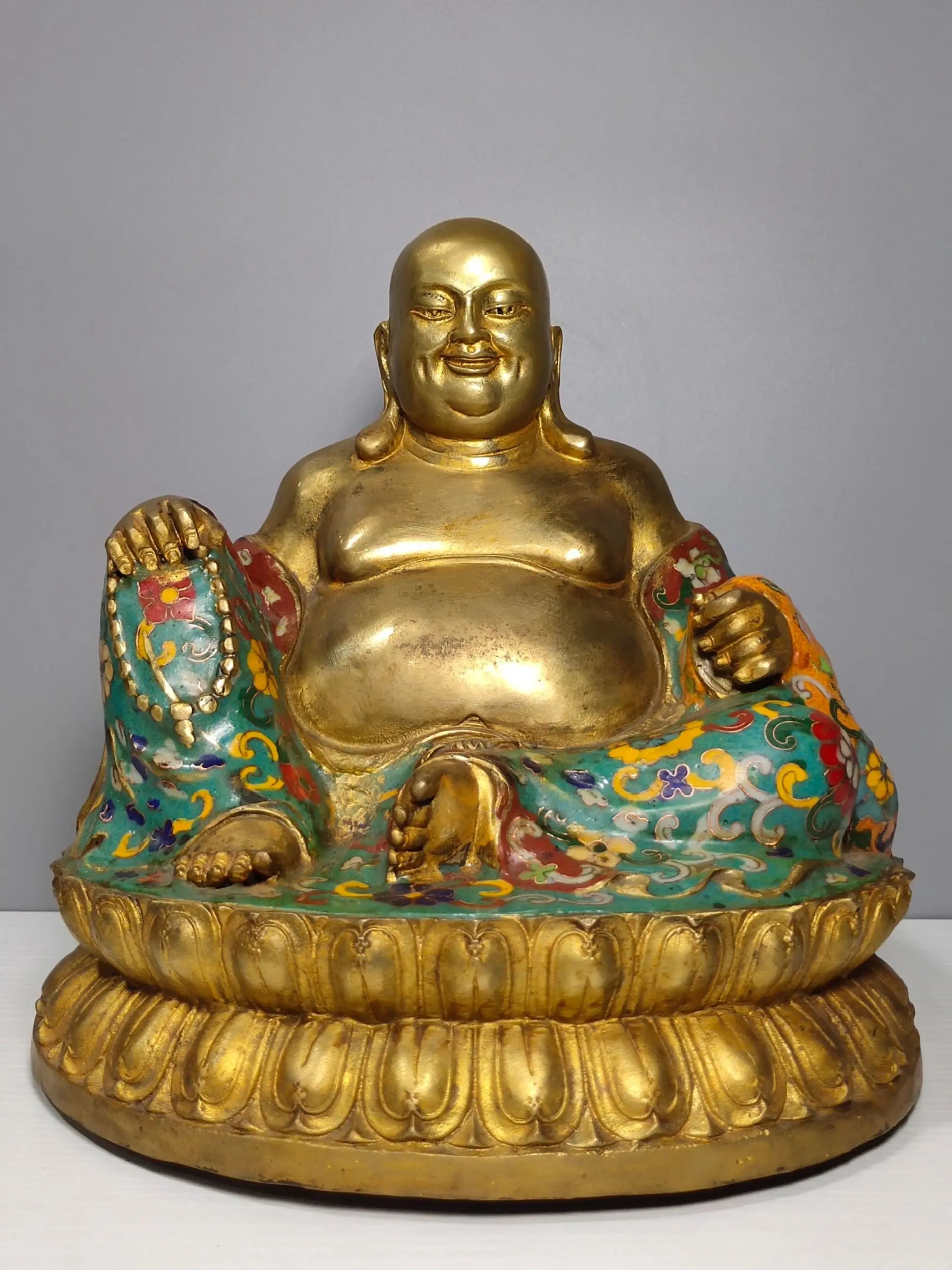 

9" Tibet Buddhism Old bronze Cloisonne Enamel Big belly Buddha Maitreya Buddha Statue Amitabha Enshrine the Buddha