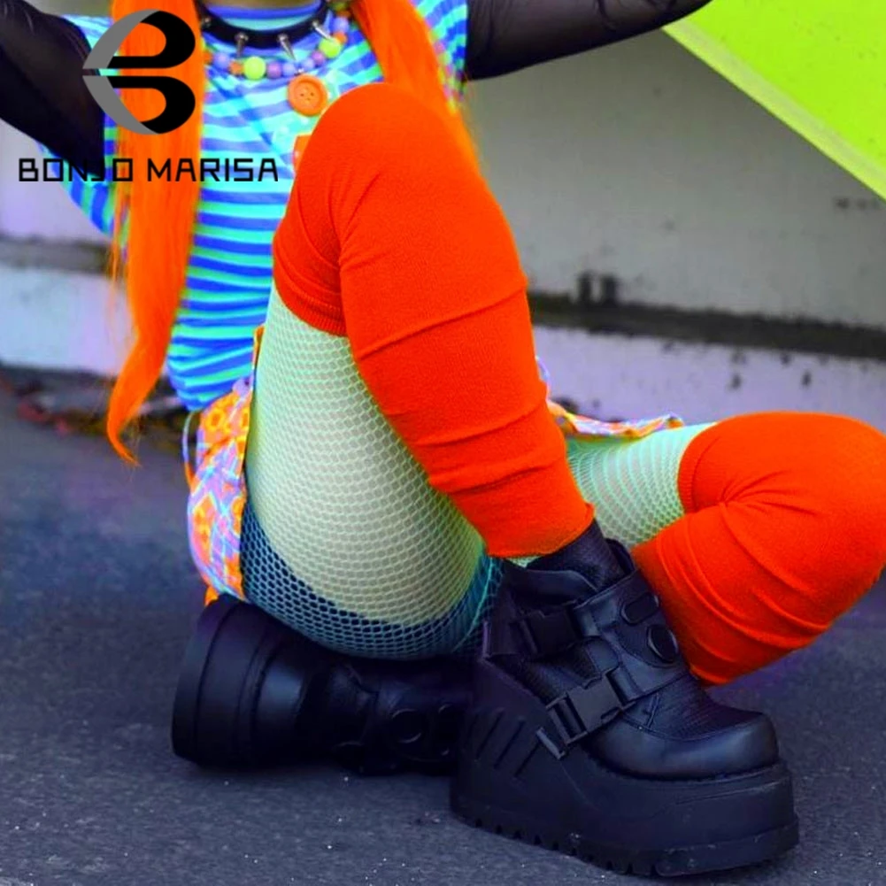 

BONJOMARISA Big Size 43 Brand Design Platform High Wedges Goth Black Ankle Boots Punk Cool Street Thick Heel Comfy Chunky Shoes