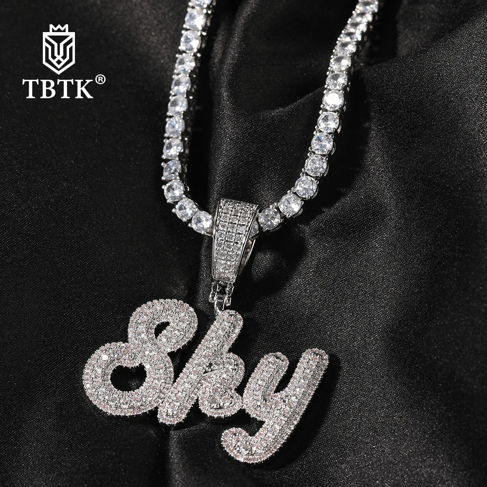 TBTK Custom Small Size Brush Script Letter Two Tone Pendant Micro Paved CZ Baguette Chain Necklace Hiphop Jewelry