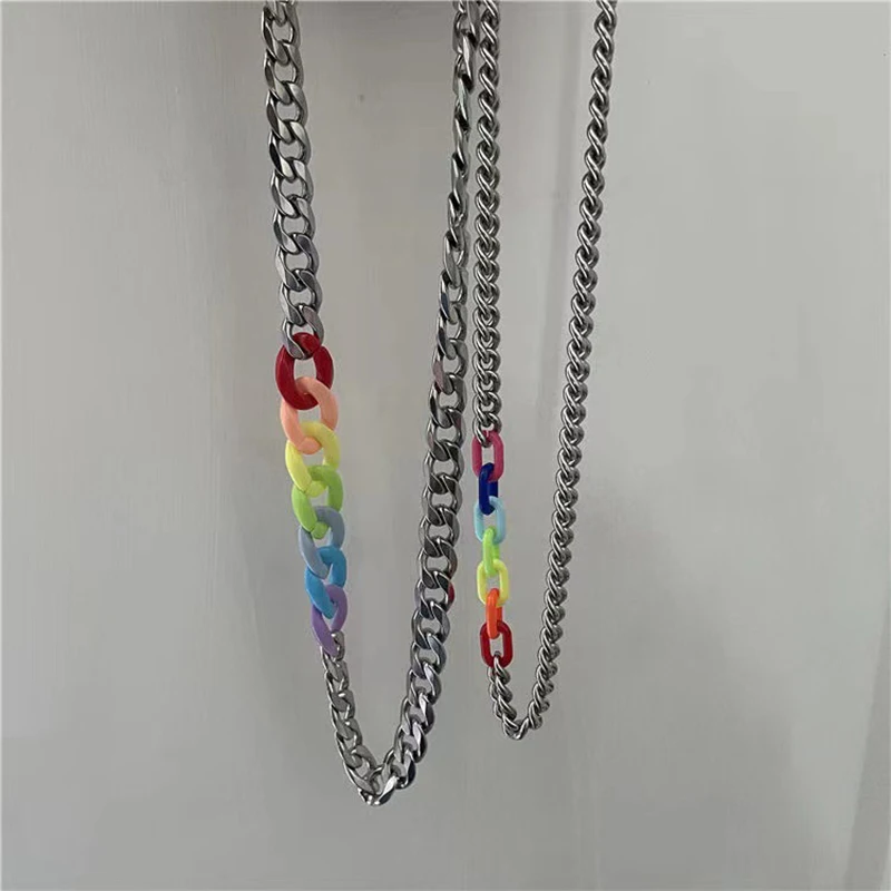 

58/50CM Simple Korean Punk Hip Hop Stainless Steel Chain Colorful Acrylic Chain Necklace For Men Women Fashion Jewelry