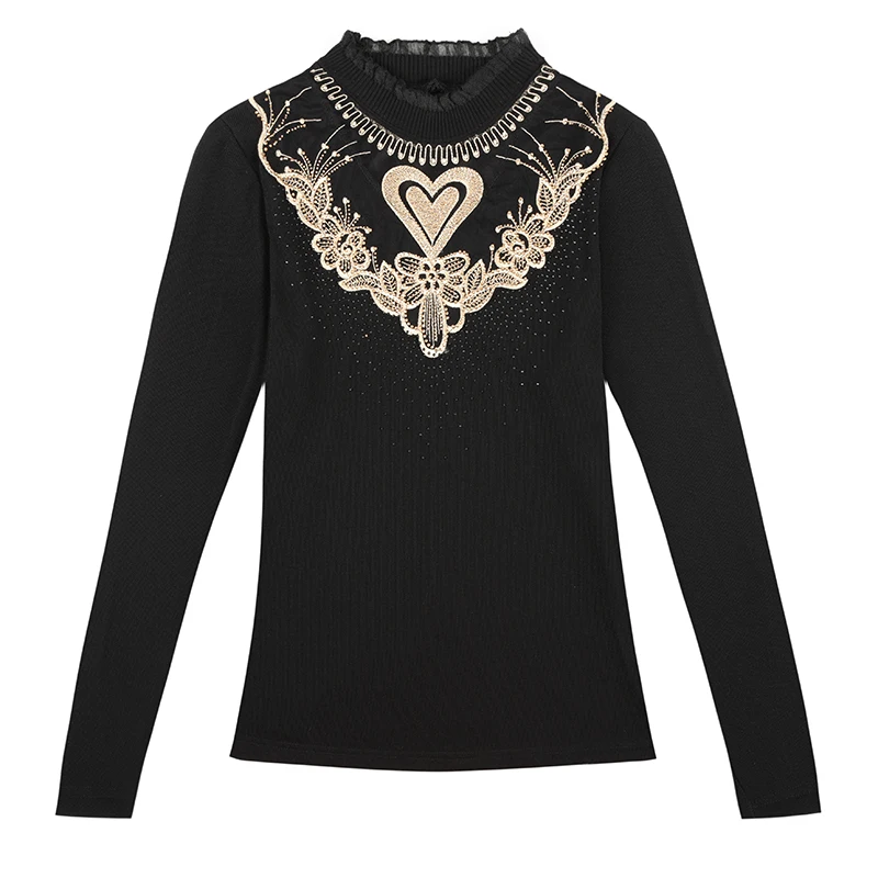 

Women Blouses Vintage Embroidery Diamonds Lace Blouse Women Shirts Long Sleeve Stand Collar Black Shirt Women Tops Blusas Mujer