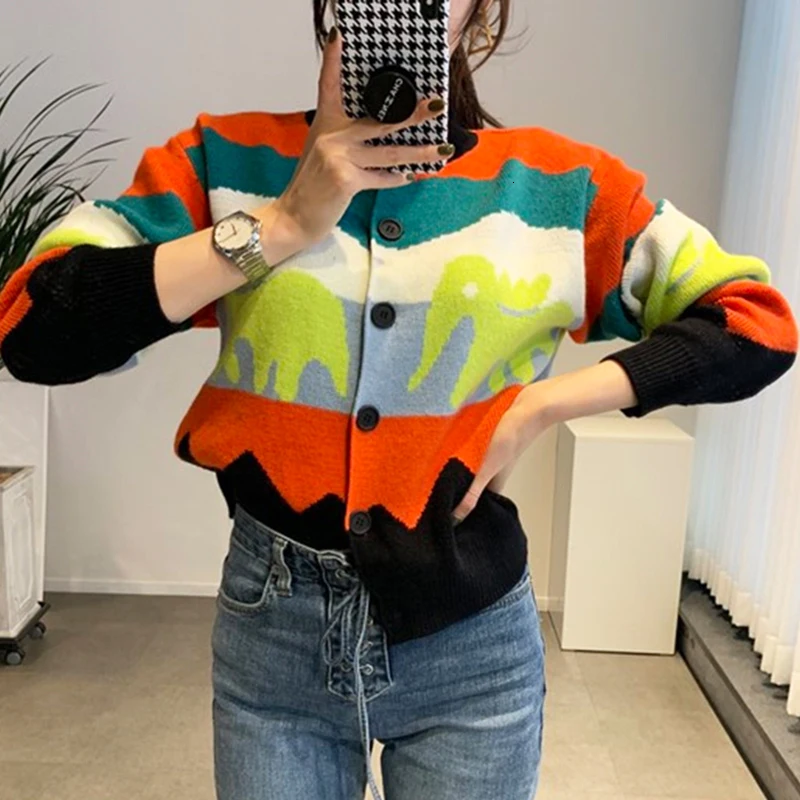 [EWQ] 2019 осень зима новый круглый вырез тонкий радужные полосы контрастного цвета