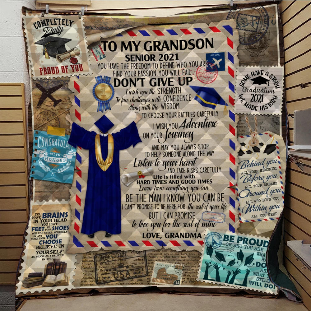 

2021 Letter to My GrandSon Graduation Senior Quilt Blanket Bedding Throw Soft Warm Blanket With Cotton All Season Quilt