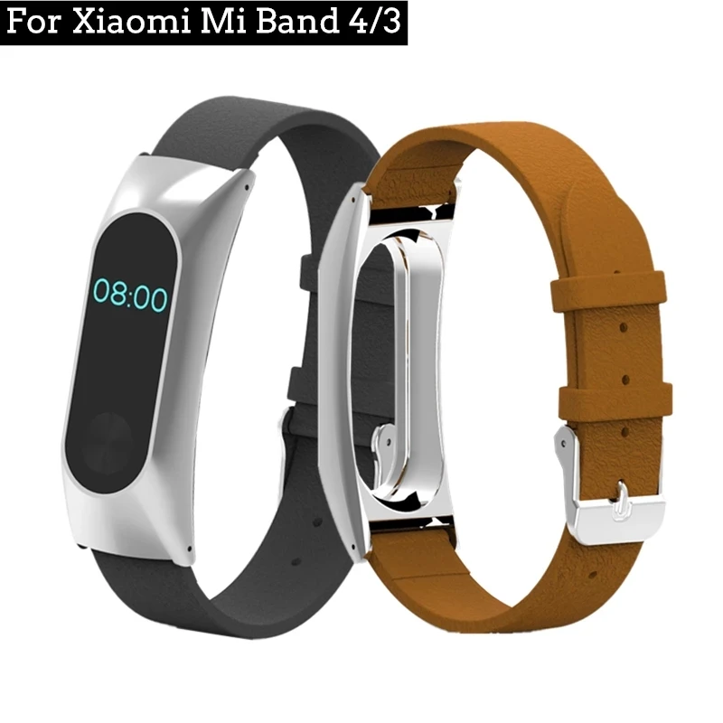 

Кожаный ремешок для часов Xiaomi Miband 4 3 с металлическим корпусом, браслет для Xiaomi Mi Band 3 4, сменный ремешок