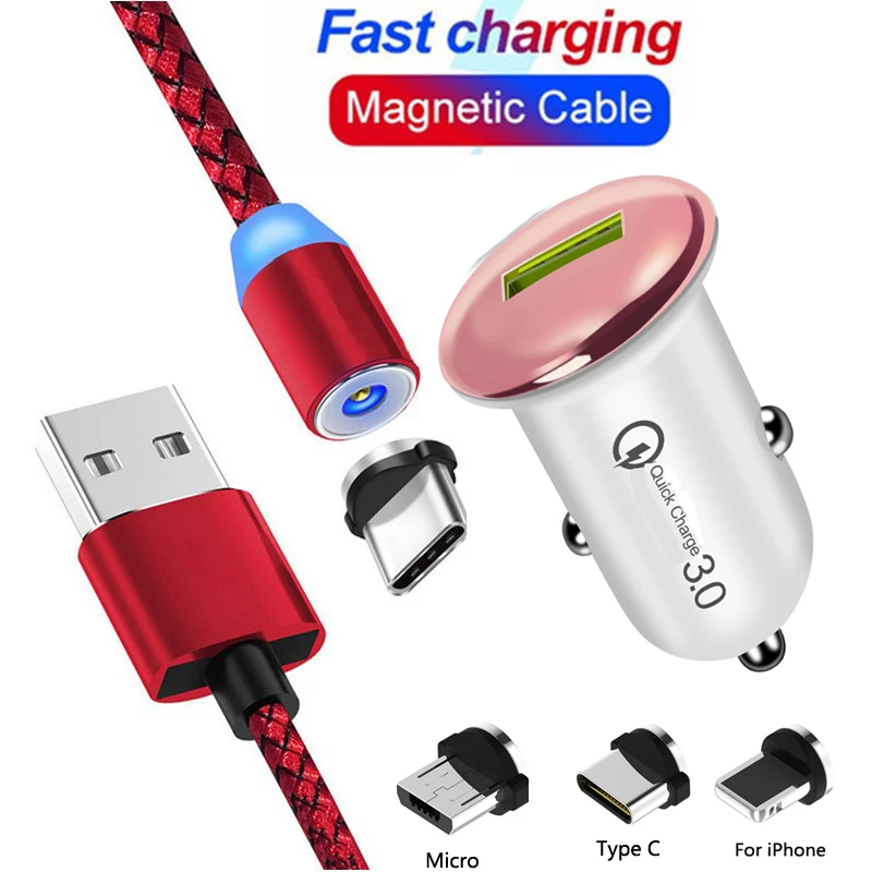Магнитный кабель Micro USB Type C QC3.0 автомобильное зарядное устройство для быстрой
