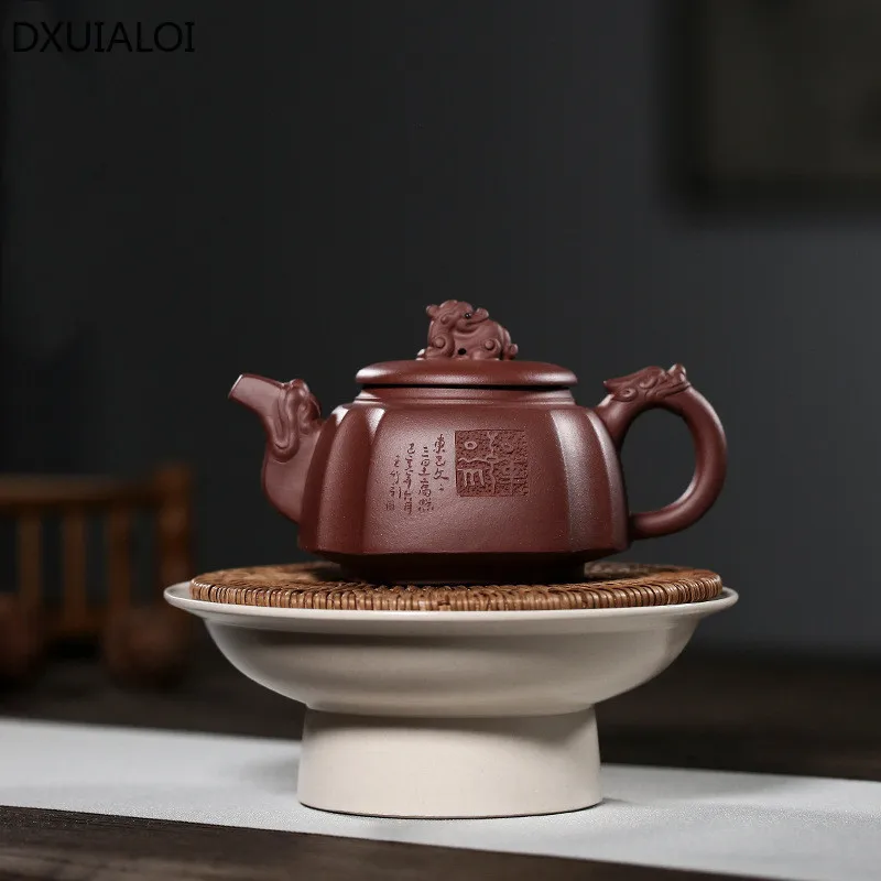 

DXUIALOI Purple Clay Teapot Pure handmade Teapot Hand-carved Sifang Teapot Tea Set Living room coffee table teahouse teapot