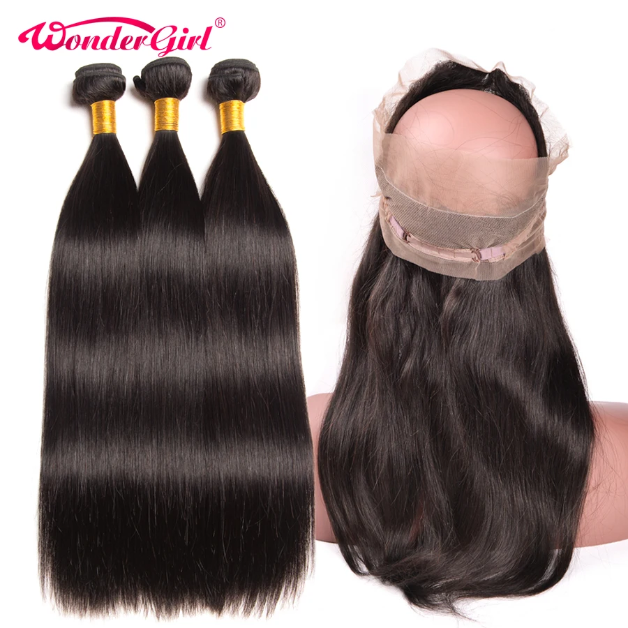 Предварительно сорванные 360 Кружева Фронтальная с пучком 3 шт бразильские прямые