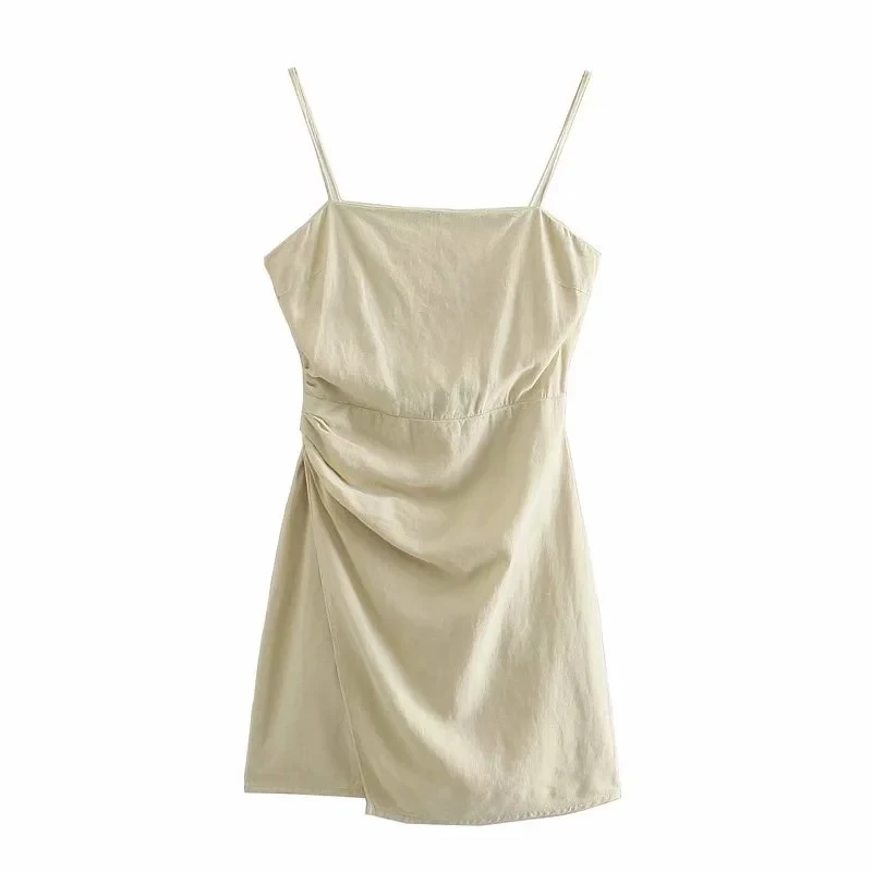 

Za Summer Women elegance Sling Cotton linen Dress Party Sleeveless A-line Mini Strap Dresses club Fold decoration Vestidos 2021