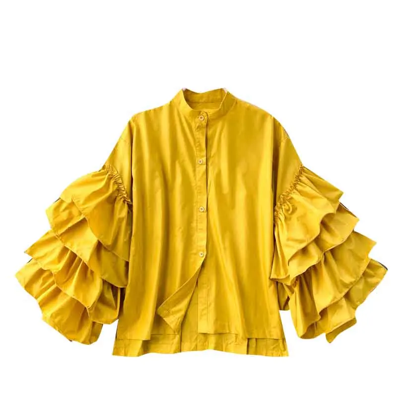 

Spring Autumn Women's Blouse Korean Style Multi-layer Ruffled Flare Sleeve Solid Color Shirt New Loose Stand Collar Tops LL499
