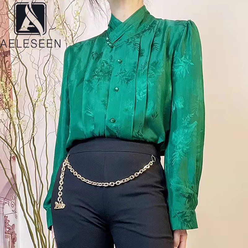 

AELESEEN модный дизайнерский 2022 Весенняя шелковая рубашка для женщин Красный Зеленый однобортный цветочный принт высокое качество Топ