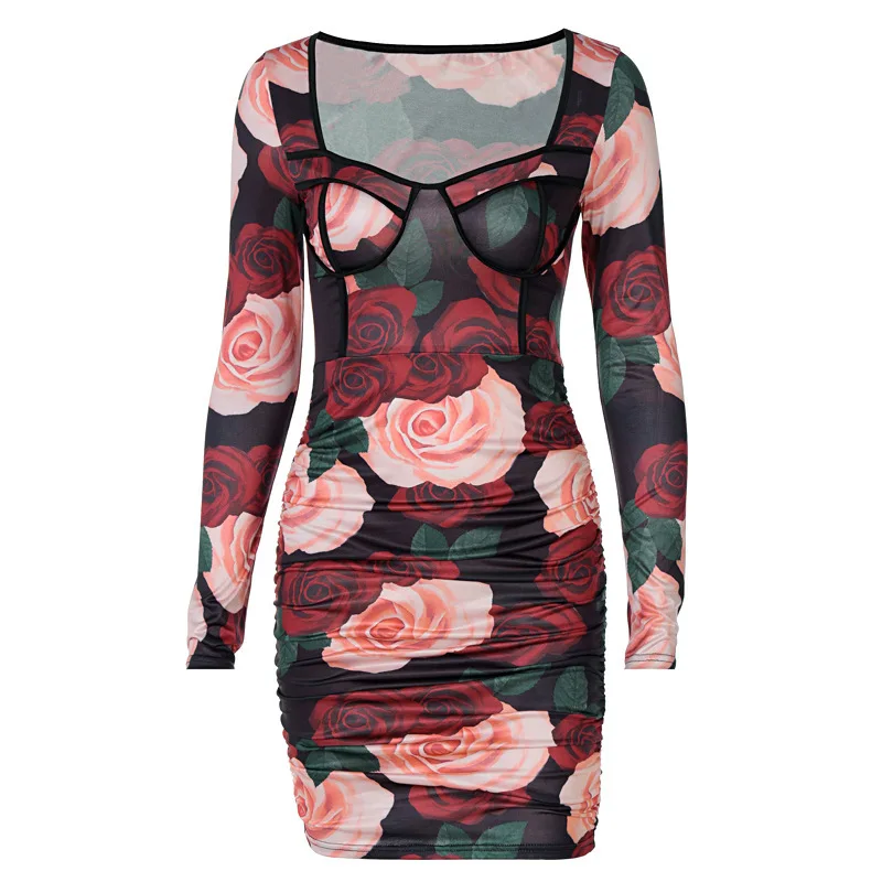 

Women's 2021 Autumn New Pleated Print Square Collar Long-sleeved Slim Dress