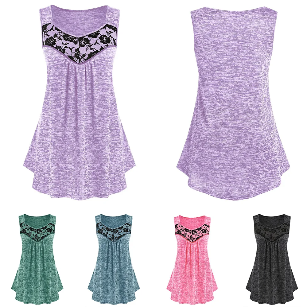 

Women Lace Patchwork Plus Size Tops Summer V-Neck Sleeveless Tank Tops Solid Sexy Casual Long Blouse Loose Large Size Vest D30