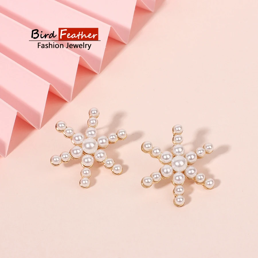 Простой Модный золотой цвет геометрический полный жемчуг снег цветок серьги для