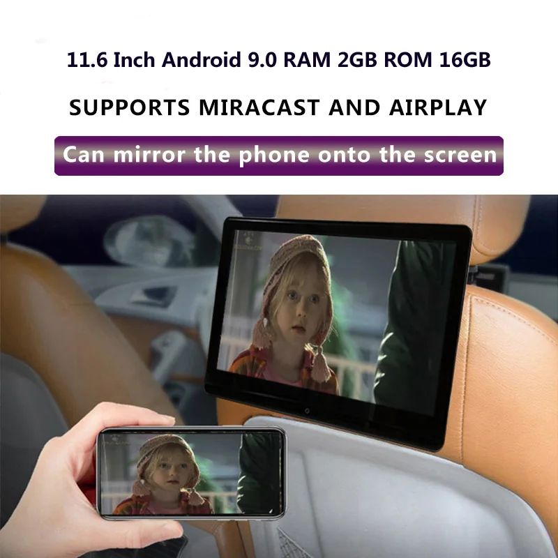 Автомобильный подголовник с сенсорным экраном 11 6 дюйма Android 9 0 2 ГБ + 16 4K 1080P черный