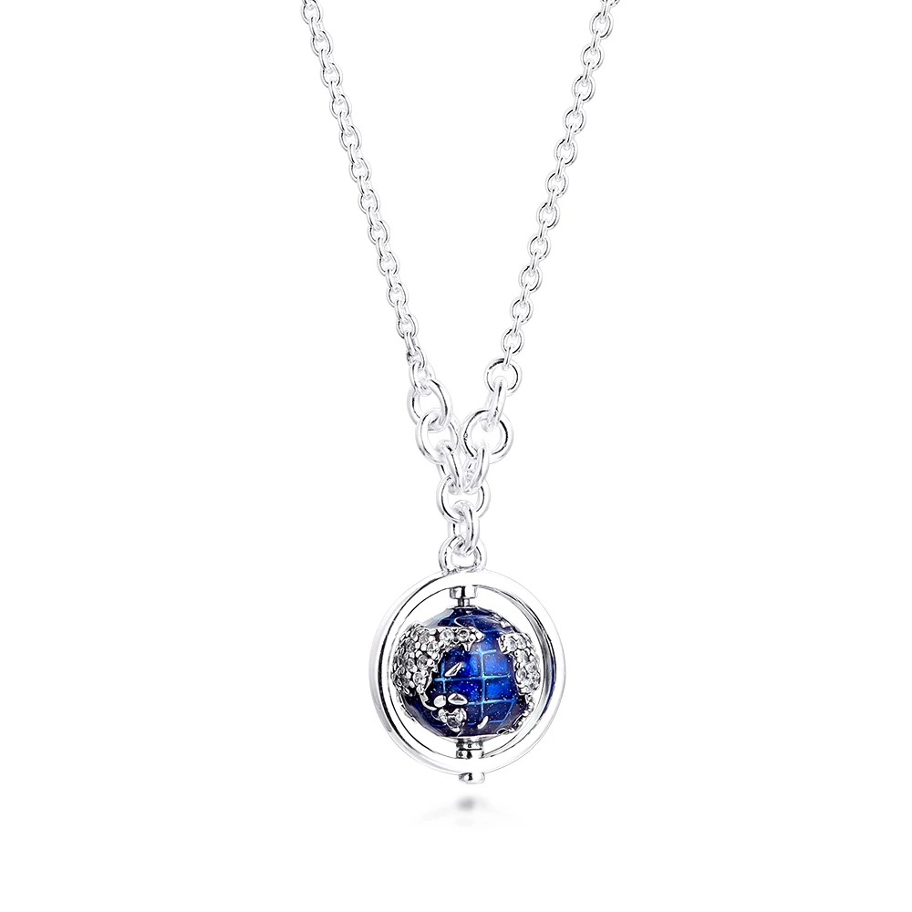 

Spinning Globe Necklace & Pendant Sterling Silver Jewelry Winter New Style Woman Fashion Jewelry 50CM Chain Jewelry