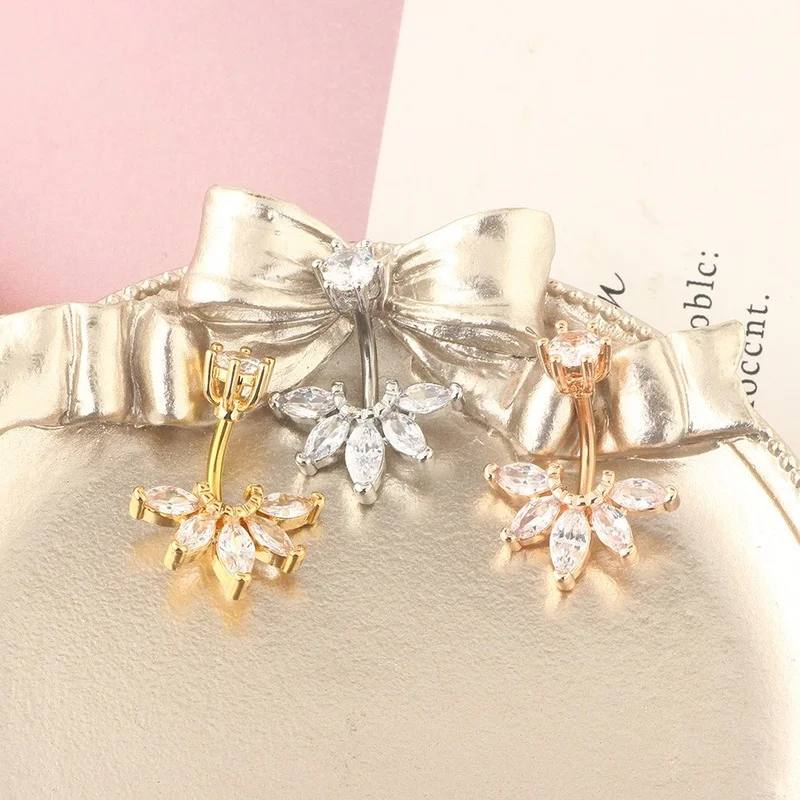 Пирсинг пупка для женщин из нержавеющей стали с цветами кристаллами Циркония