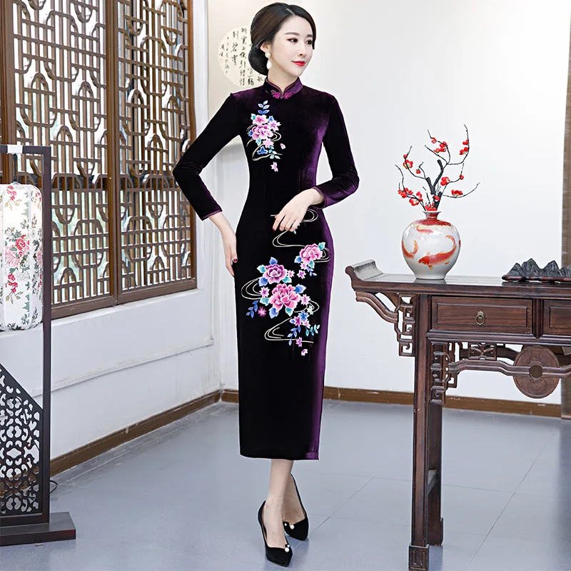 

Бархатное пикантное женское платье Ципао в китайском стиле с вышивкой, элегантное облегающее вечервечерние платье, бордовое зимнее теплое ...