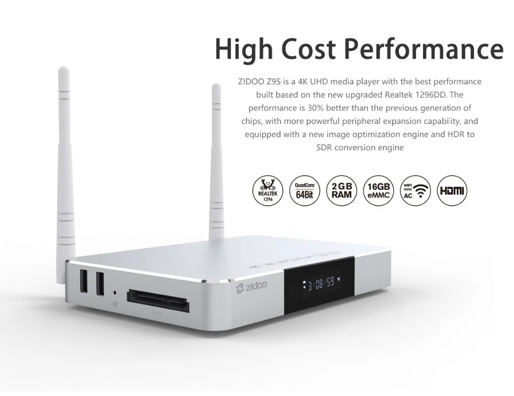 Zidoo Z9S Smart Android 7,1 tv Box 1000M LAN 4K HDR телеприставка Realtek RTD1296DD 2 Гб ram 16 Гб rom SATA 3,0 медиаплеер vs X9S