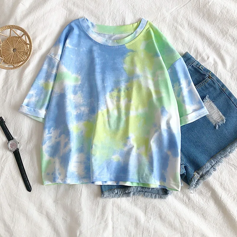 

Oversized 2XL Short Sleeve T Shirt Women Streetwear Tie Dye Print Summer Korean Style Sweet Loose Ladies Tee Shirt Tops