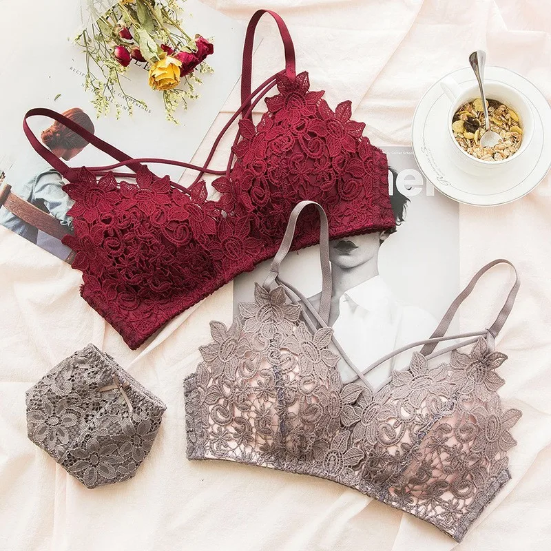 

Roseheart New For Women Sexy Lingerie Lace Cross Straps Bralette Cotton Panties Wireless Wire Free Underwear Bra Sets