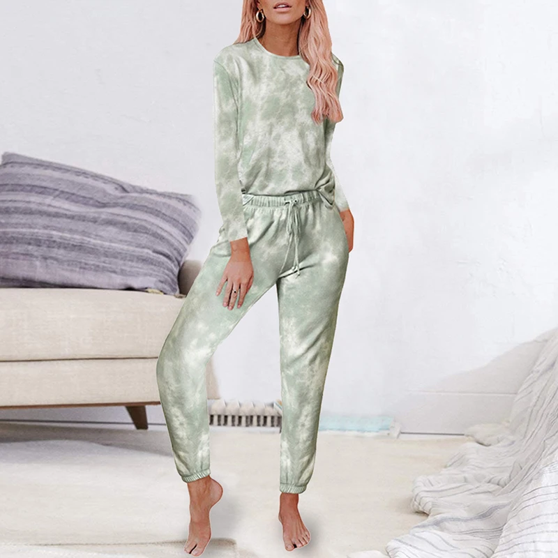 

Womens Tie Dye Printed Long Pajamas Set Long Sleeve Tops And Pants Set Loungewear Nightwear Sleepwear Autumn Plus Size