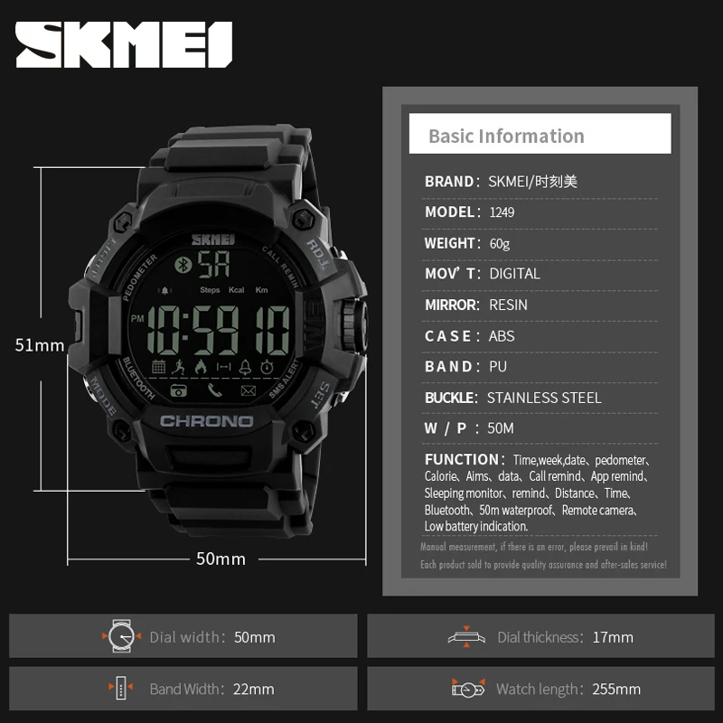 

SKMEI Men Smart Watch Calories Pedometer Step Waterproof Bluetooth Watches Man Call SMS Reminder Smartwatch for ios android 1249