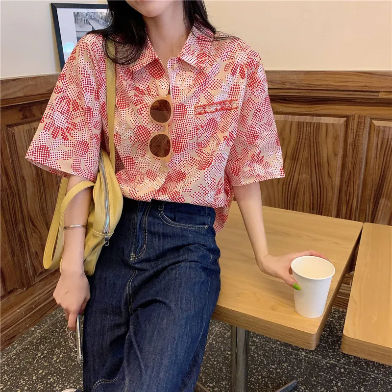 

Houthion Chiffon Loose Women's Blouses New Casual Blouse Fashion Short Sleeve Top Pocket Polka Dot Polo Shirt Summer