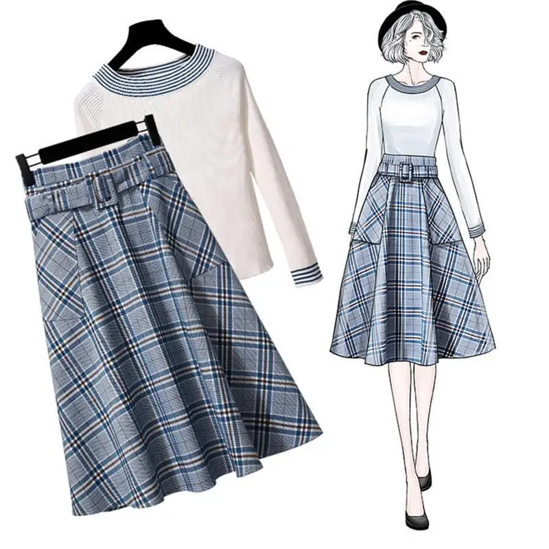 Plaid A-Line Skirt And Striped O-Neck Knitted Tops 2 Piece Set Women Korean Sashes Slim Fashion Long Sleeve Spring Autumn Suit images - 6