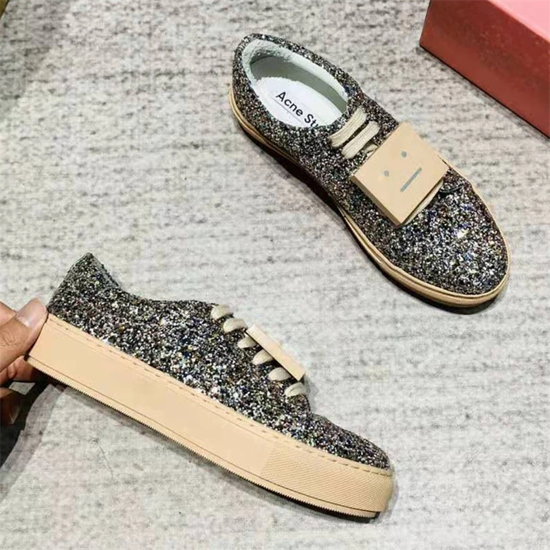 

Spring Autumn New White Black Bling Women's Running Shoes Fashion Casuale Leather Female Sneakers Handmade Smiley Ladies Flats