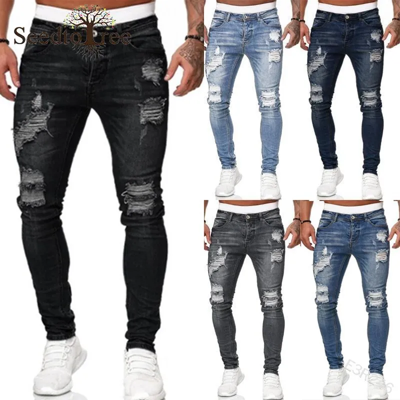 Solid color Hole Casual Men's Jeans Pencil Pants Slim Denim Trousers