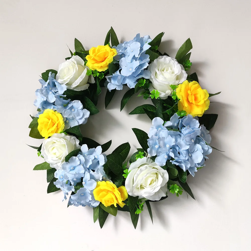 

2022 Hot Sale Mixed Color Yellow And White Rose Flower Hydrangea Wreath Hanging Door Artificial Wreath Home Mall Wedding Decorat