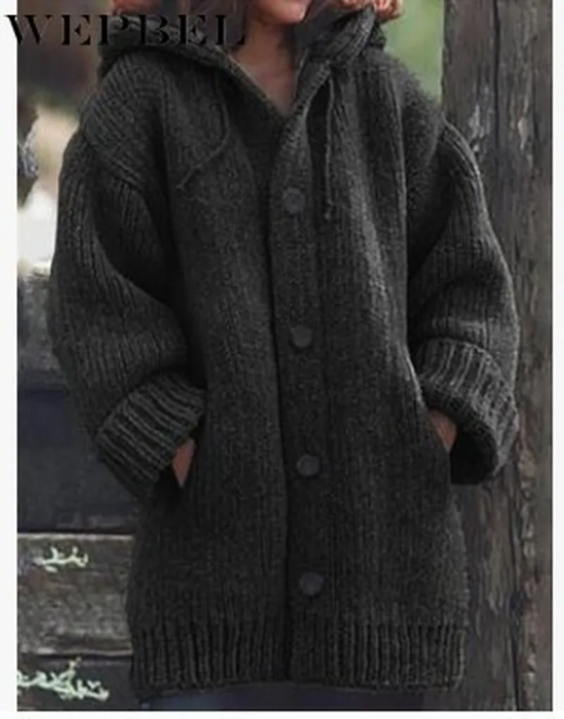 

WEPBEL New Autumn and Winter Women's Fashion Warm Cardigan Sweater Coat Long Sleeve Single Breasted Knitted Hooded Coat