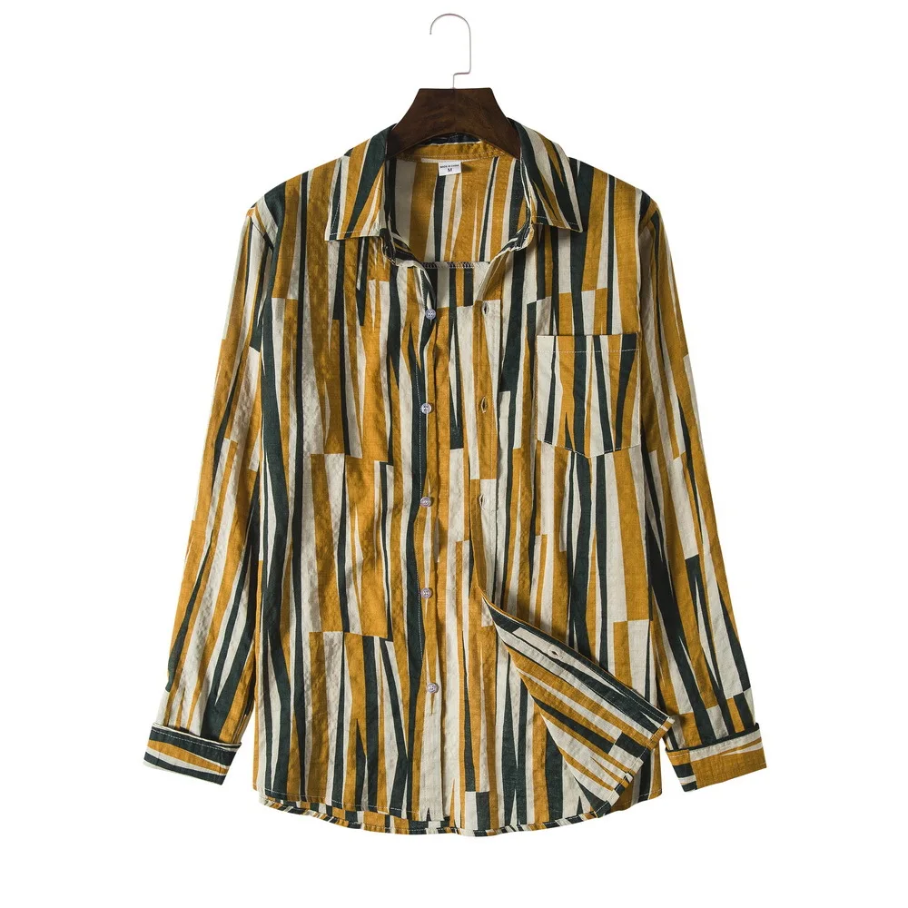 

2021 Spring New Men's Contrast Color Striped Cotton and Linen Ribbon Breathable Long Sleeves Shirt