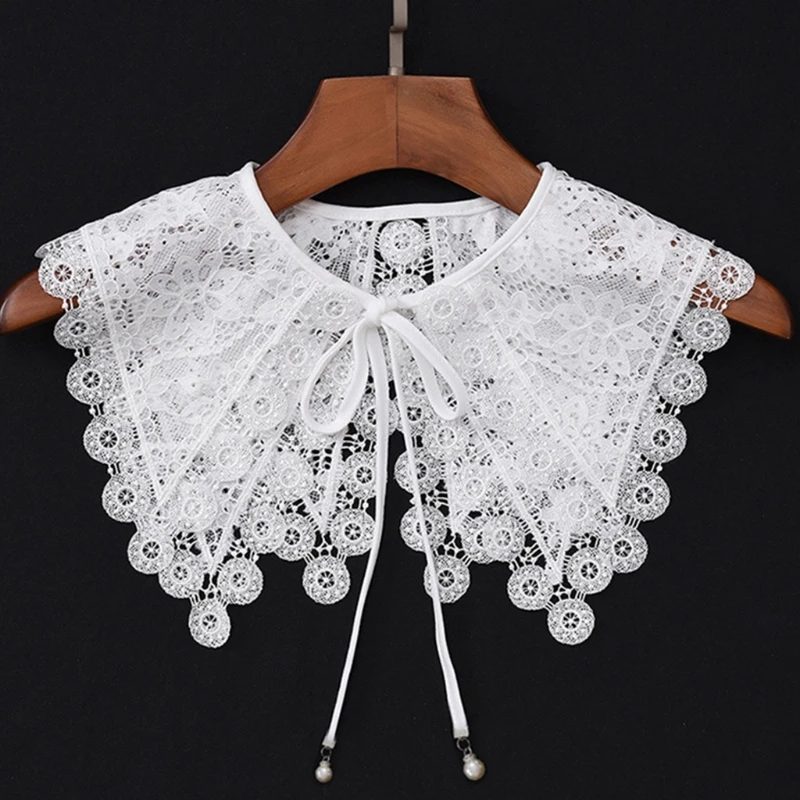 

Double Layer Floral Lace Fake Collar Shawl Vintage Hanfu Shoulder Wrap Faux Pearl Bowknot Circle Trim Necklace Poncho