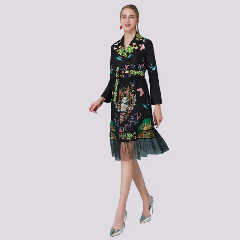 

Designer Runway Fashion Spring Summer Midi Dress Women Belt Long sleeve Printing Embroidery Mesh Elegant Vintage Dress New