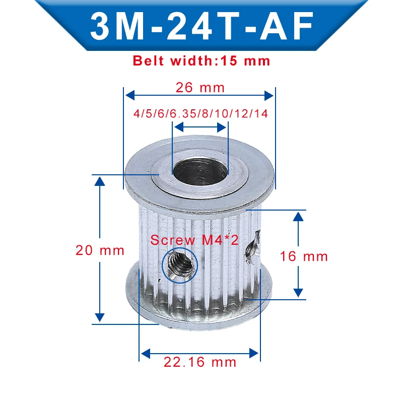 

3M-24T Pulley Inner Bore 4/5/6/6.35/8/10/12/14 mm Aluminum pulley wheel Slot Width 16 mm For 3M-Rubber Timing Belt Width 15 mm