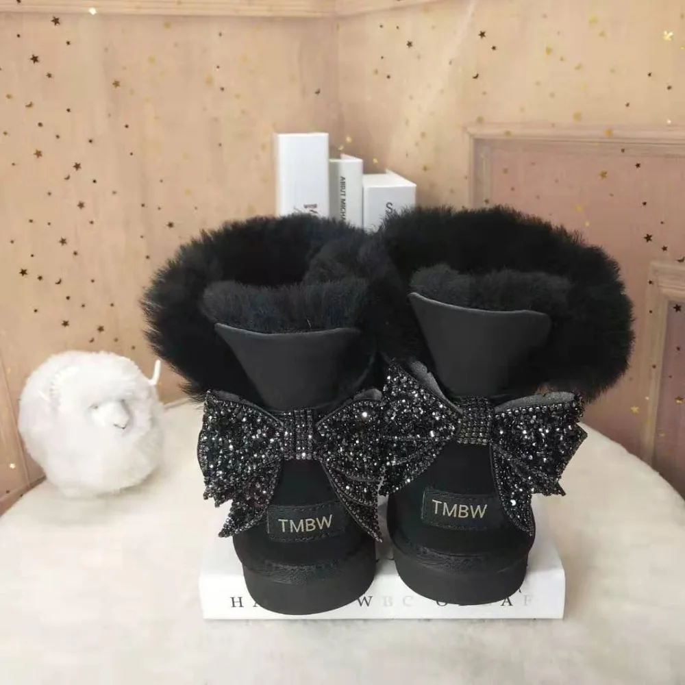 Blinging/; красивые женские зимние ботинки из натуральной овечьей кожи с бантом; женские ботинки на натуральном меху; теплые зимние ботинки с шерстью